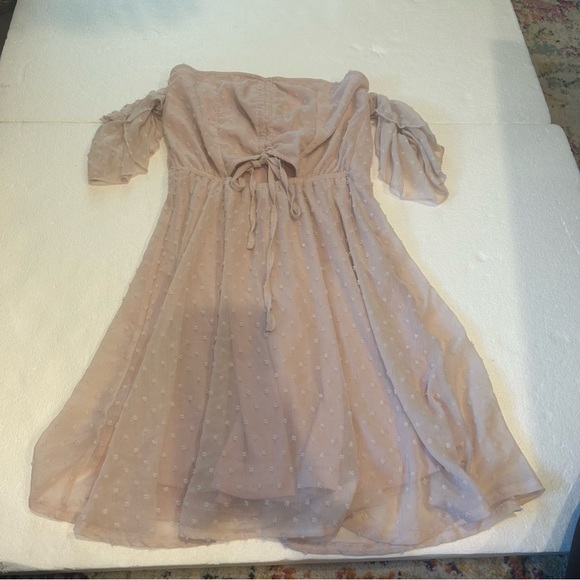 Double zero off the shoulder ruched draw front Swiss dot pink mini dress - Picture 5 of 10